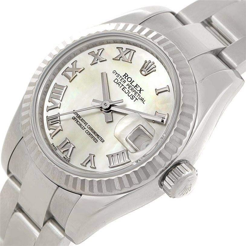 The image shows a close-up angled view of the Rolex Datejust 179174 Women's Stainless Steel Mother of Pearl Dial 179174 Women's Stainless Steel Mother of Pearl Dial watch, featuring its dial, bezel, crown, and part of the bracelet.