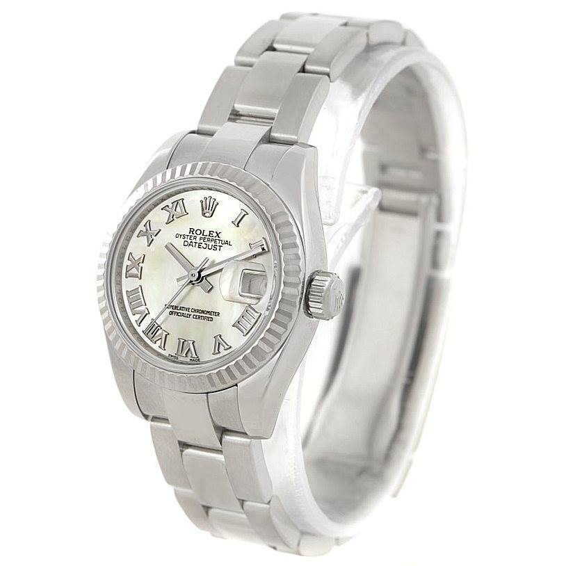 The Rolex Datejust 179174 Women's Stainless Steel Mother of Pearl Dial 179174 Women's Stainless Steel Mother of Pearl Dial watch is shown from a front angle, displaying the dial, bezel, crown, and bracelet.