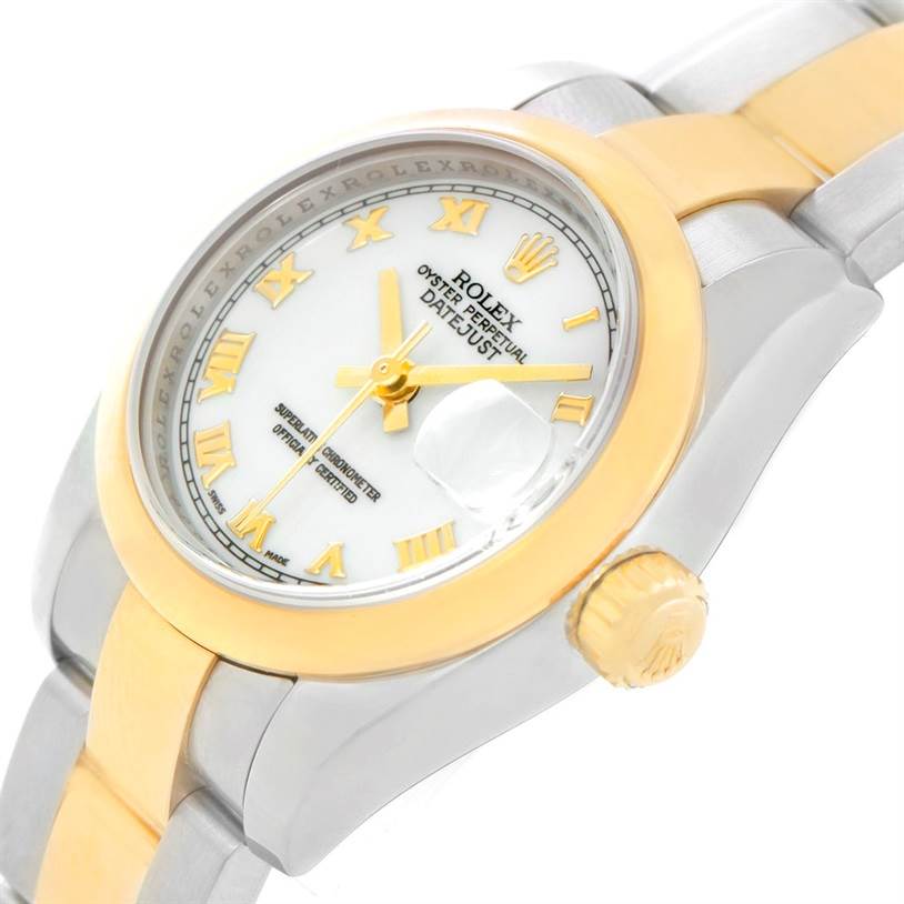 The image shows a close-up angle of a Rolex Datejust 179163 Women's Steel and Gold (two tone) White Dial 179163 Women's Steel and Gold (two tone) White Dial watch, focusing on the dial, bezel, crown, and part of the bracelet.
