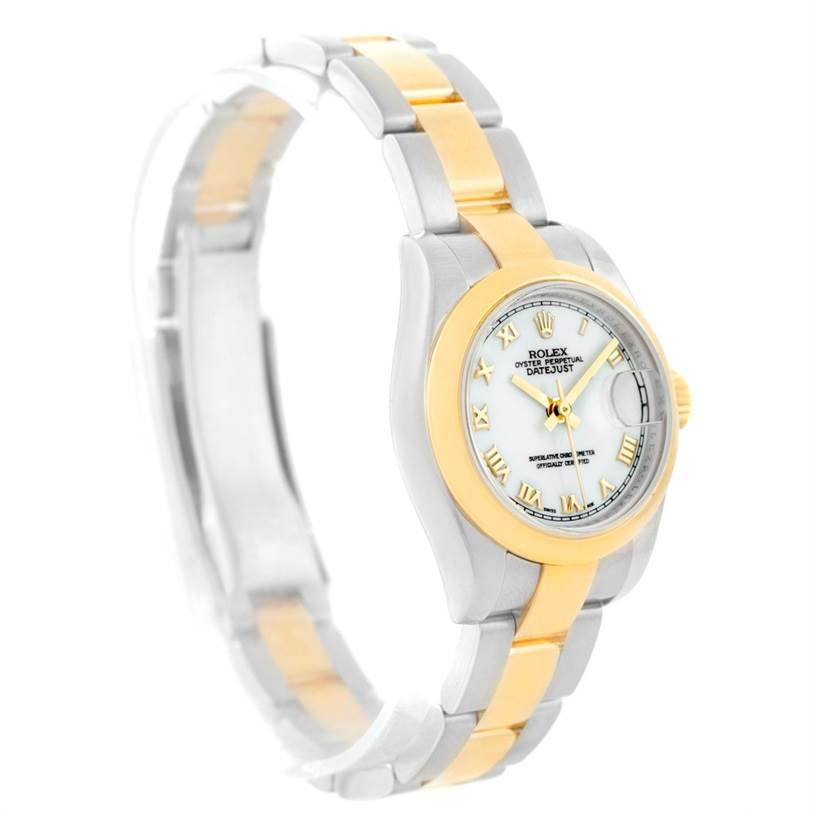 This image shows a Rolex Datejust 179163 Women's Steel and Gold (two tone) White Dial 179163 Women's Steel and Gold (two tone) White Dial watch at a slight angle, highlighting its two-tone bracelet and white dial with Roman numerals.