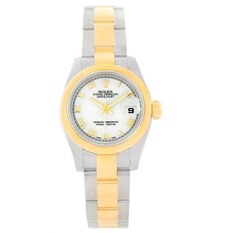 The image shows a frontal view of a Rolex Datejust 179163 Women's Steel and Gold (two tone) White Dial 179163 Women's Steel and Gold (two tone) White Dial watch, displaying its face, bezel, and bracelet.