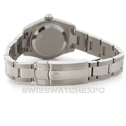 The image shows the back side and bracelet of a Rolex Datejust 179174 Women's Stainless Steel Pink Dial 179174 Women's Stainless Steel Pink Dial watch, focusing on the clasp and case back.