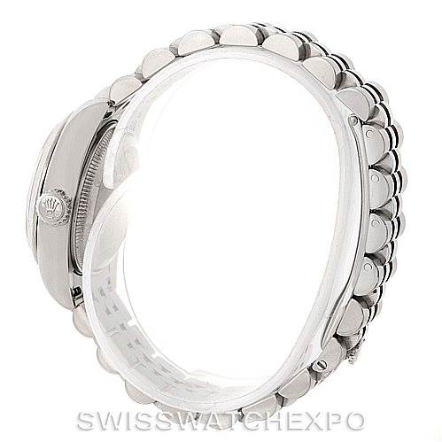 The image shows a side view of a Rolex Datejust 179174 Women's Stainless Steel Mother of Pearl Dial 179174 Women's Stainless Steel Mother of Pearl Dial watch, highlighting the bracelet and the crown.