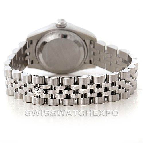 The image shows the back of a Rolex Datejust 179174 Women's Stainless Steel Mother of Pearl Dial 179174 Women's Stainless Steel Mother of Pearl Dial watch, highlighting the case back and Jubilee bracelet.
