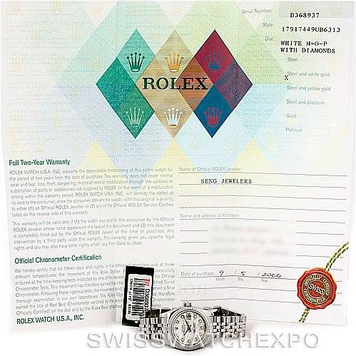 The image shows a Rolex Datejust 179174 Women's Stainless Steel Mother of Pearl Dial 179174 Women's Stainless Steel Mother of Pearl Dial watch with a diamond bezel, alongside its warranty card and official chronometer certification.