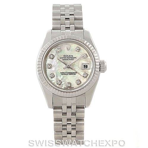 The image shows a frontal view of a Rolex Datejust 179174 Women's Stainless Steel Mother of Pearl Dial 179174 Women's Stainless Steel Mother of Pearl Dial watch, featuring its dial, bezel, and bracelet.