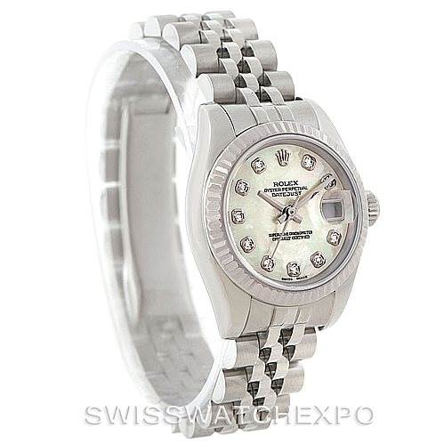 The image shows a frontal view of a Rolex Datejust 179174 Women's Stainless Steel Mother of Pearl Dial 179174 Women's Stainless Steel Mother of Pearl Dial watch, focusing on the dial, bezel, and Jubilee bracelet.