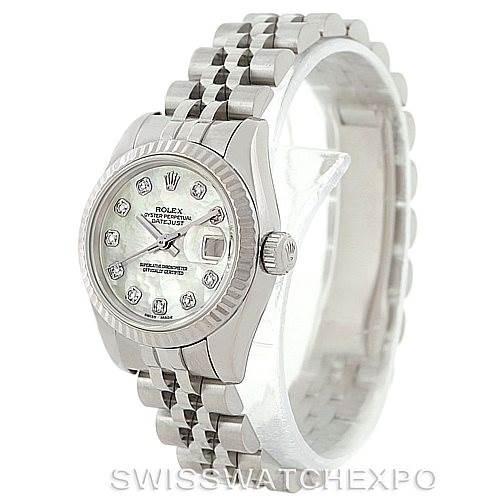 This image shows a Rolex Datejust 179174 Women's Stainless Steel Mother of Pearl Dial 179174 Women's Stainless Steel Mother of Pearl Dial watch from a three-quarter perspective displaying the face, bezel, and a portion of the bracelet.
