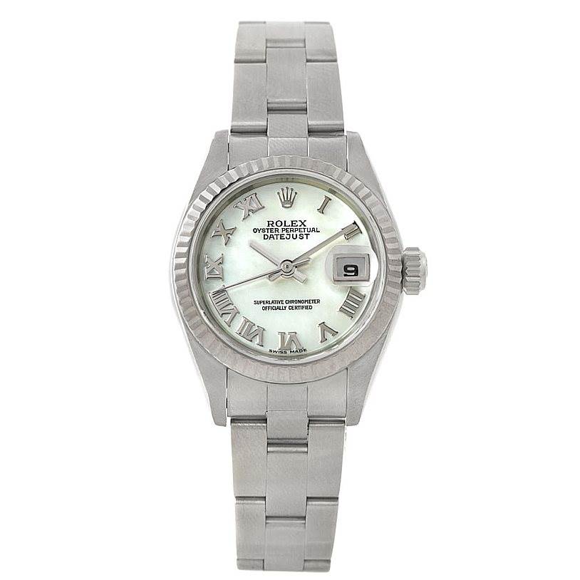 This is a front view of a Rolex Datejust 79174 Women's Stainless Steel Mother of Pearl Dial 79174 Women's Stainless Steel Mother of Pearl Dial watch showing the face, bezel, and part of the bracelet.