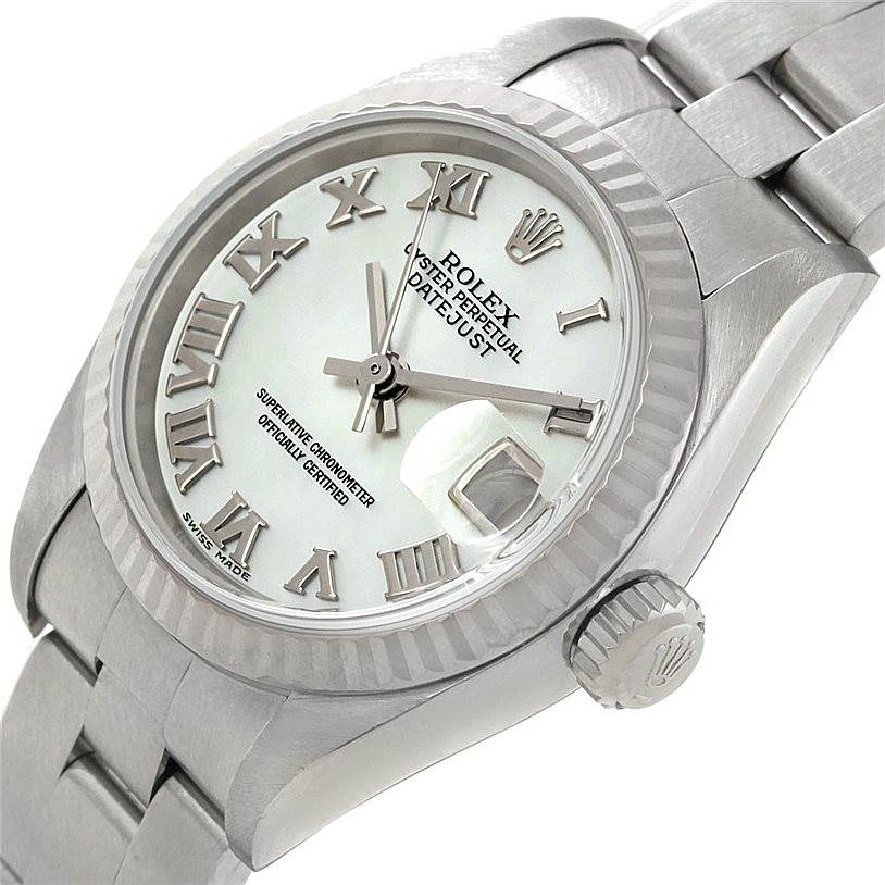 The image shows a close-up and side angle of a Rolex Datejust 79174 Women's Stainless Steel Mother of Pearl Dial 79174 Women's Stainless Steel Mother of Pearl Dial watch, highlighting the face, bezel, crown, and part of the bracelet.