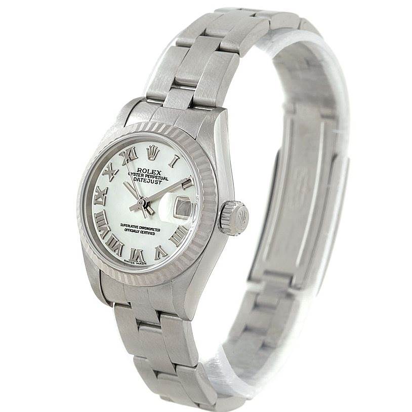 The image shows a Rolex Datejust 79174 Women's Stainless Steel Mother of Pearl Dial 79174 Women's Stainless Steel Mother of Pearl Dial watch at a three-quarter angle displaying the face, bezel, crown, and part of the bracelet.