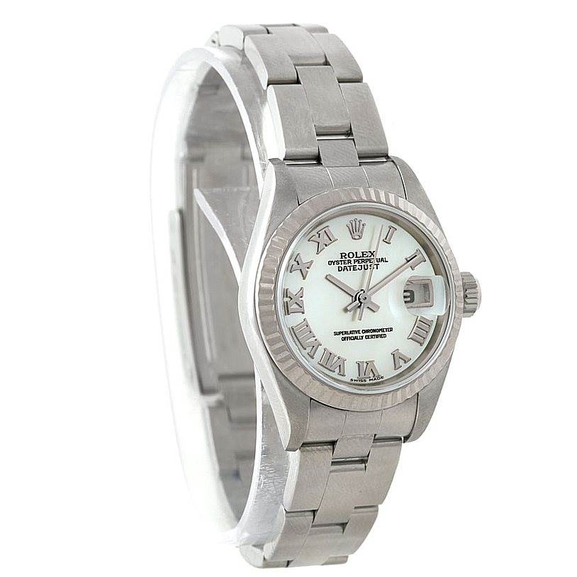 The Rolex Datejust 79174 Women's Stainless Steel Mother of Pearl Dial 79174 Women's Stainless Steel Mother of Pearl Dial watch is shown from a three-quarter angle, highlighting its bracelet, dial, and fluted bezel.