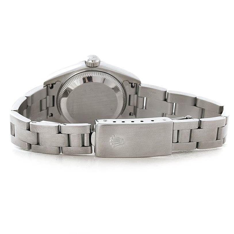 This image shows the back view of the Rolex Datejust 79174 Women's Stainless Steel Mother of Pearl Dial 79174 Women's Stainless Steel Mother of Pearl Dial, highlighting the case back, crown, and metal bracelet with the clasp.