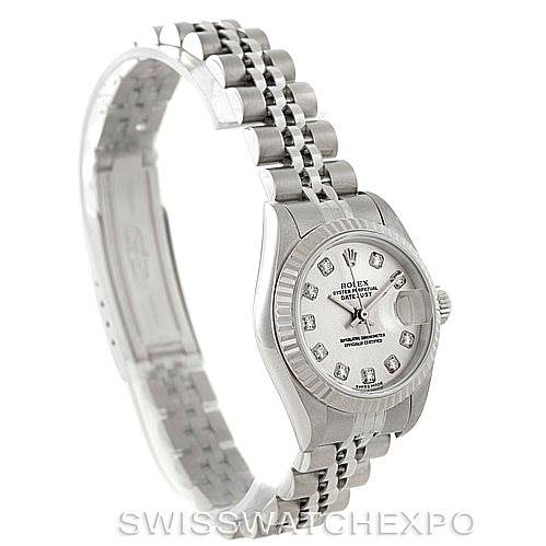 This image shows a side and slightly angled view of a Rolex Datejust 79174 Women's Stainless Steel Silver Dial 79174 Women's Stainless Steel Silver Dial watch, highlighting its face, bezel, and jubilee bracelet.