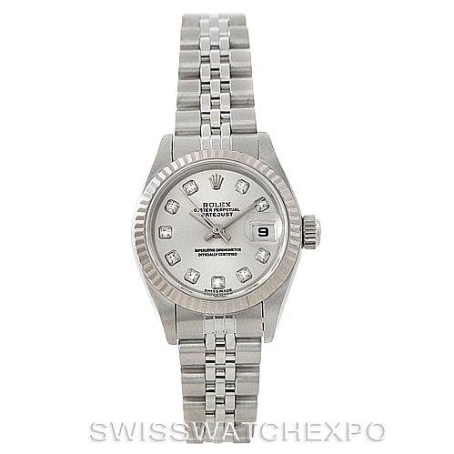 The image shows a front view of a Rolex Datejust 79174 Women's Stainless Steel Silver Dial 79174 Women's Stainless Steel Silver Dial model, displaying its dial, bezel, and bracelet.