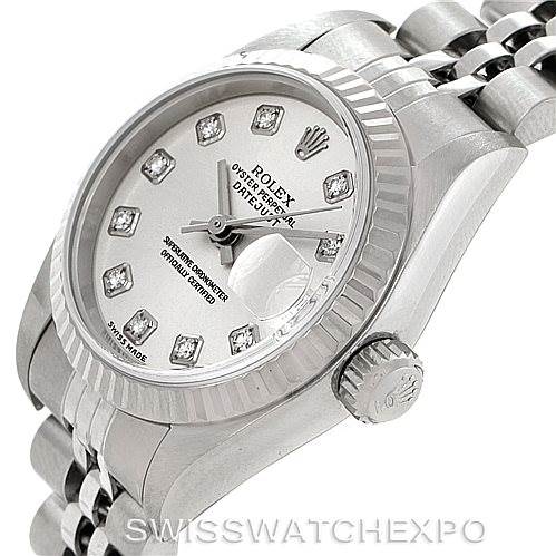 The image shows a Rolex Datejust 79174 Women's Stainless Steel Silver Dial 79174 Women's Stainless Steel Silver Dial watch viewed at an angle highlighting the dial, bezel, crown, and part of the bracelet.