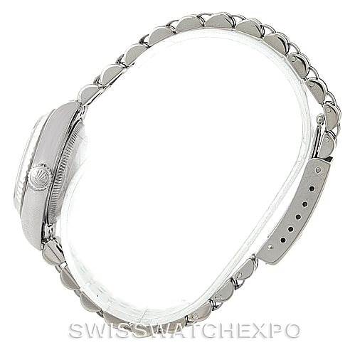 This side view image displays the crown, bezel, and bracelet of the Rolex Datejust 79174 Women's Stainless Steel Silver Dial 79174 Women's Stainless Steel Silver Dial watch.
