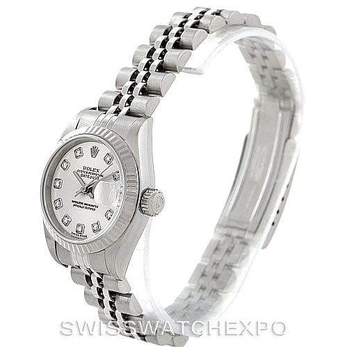 The image shows a side and partial front view of a Rolex Datejust 79174 Women's Stainless Steel Silver Dial 79174 Women's Stainless Steel Silver Dial watch, showcasing the dial, case, crown, and bracelet.