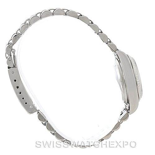 This Rolex Datejust 79174 Women's Stainless Steel Silver Dial 79174 Women's Stainless Steel Silver Dial watch is shown from the side, focusing on the bracelet and the case.