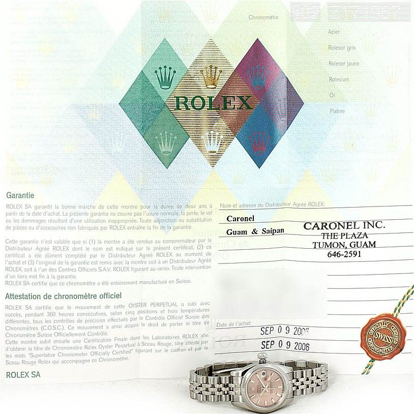 The image shows a Rolex Datejust 179160 Women's Stainless Steel Pink Dial 179160 Women's Stainless Steel Pink Dial watch along with its guarantee certificate and the official chronometer certification.