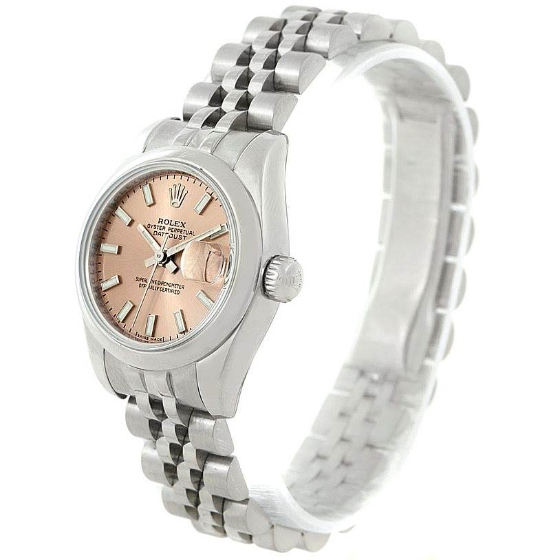 This image shows a side view of a Rolex Datejust 179160 Women's Stainless Steel Pink Dial 179160 Women's Stainless Steel Pink Dial watch, highlighting its face, bezel, and bracelet.