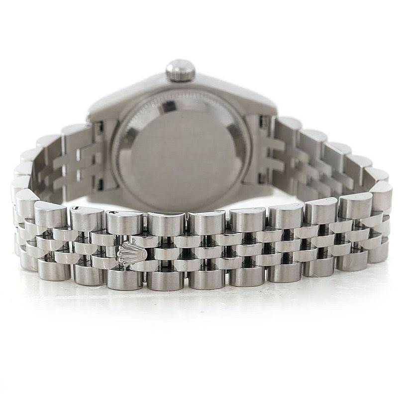 The image shows the back case and bracelet of a Rolex Datejust 179160 Women's Stainless Steel Pink Dial 179160 Women's Stainless Steel Pink Dial watch from a rear angle.