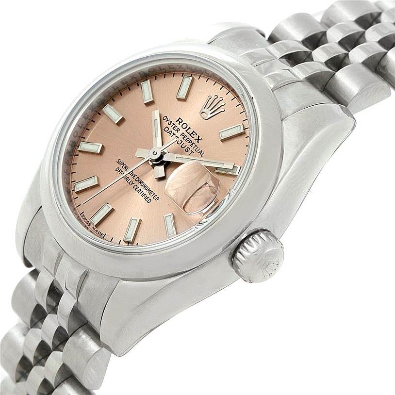 The image shows a Rolex Datejust 179160 Women's Stainless Steel Pink Dial 179160 Women's Stainless Steel Pink Dial watch angled to highlight the dial, crown, and part of the bracelet.