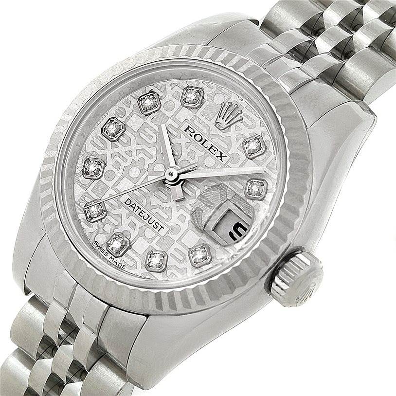 The image shows a detailed close-up of the face, crown, and bracelet of the Rolex Datejust 179174 Women's Stainless Steel Silver Dial 179174 Women's Stainless Steel Silver Dial watch.