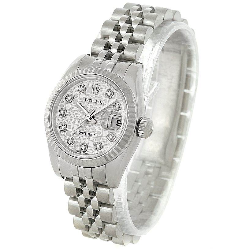 The Rolex Datejust 179174 Women's Stainless Steel Silver Dial 179174 Women's Stainless Steel Silver Dial watch is shown at a front angle, displaying the dial, bezel, crown, and Jubilee bracelet.