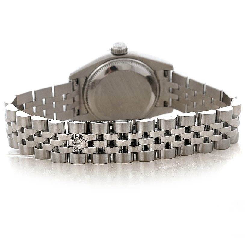 The image shows the back of a Rolex Datejust 179174 Women's Stainless Steel Silver Dial 179174 Women's Stainless Steel Silver Dial, highlighting its caseback and jubilee bracelet.