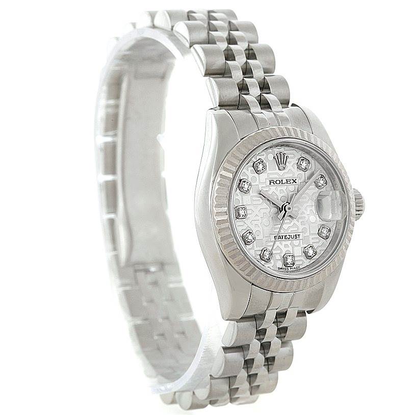 This is a side-angle view of a Rolex Datejust 179174 Women's Stainless Steel Silver Dial 179174 Women's Stainless Steel Silver Dial model, showing the face, bezel, crown, and bracelet.