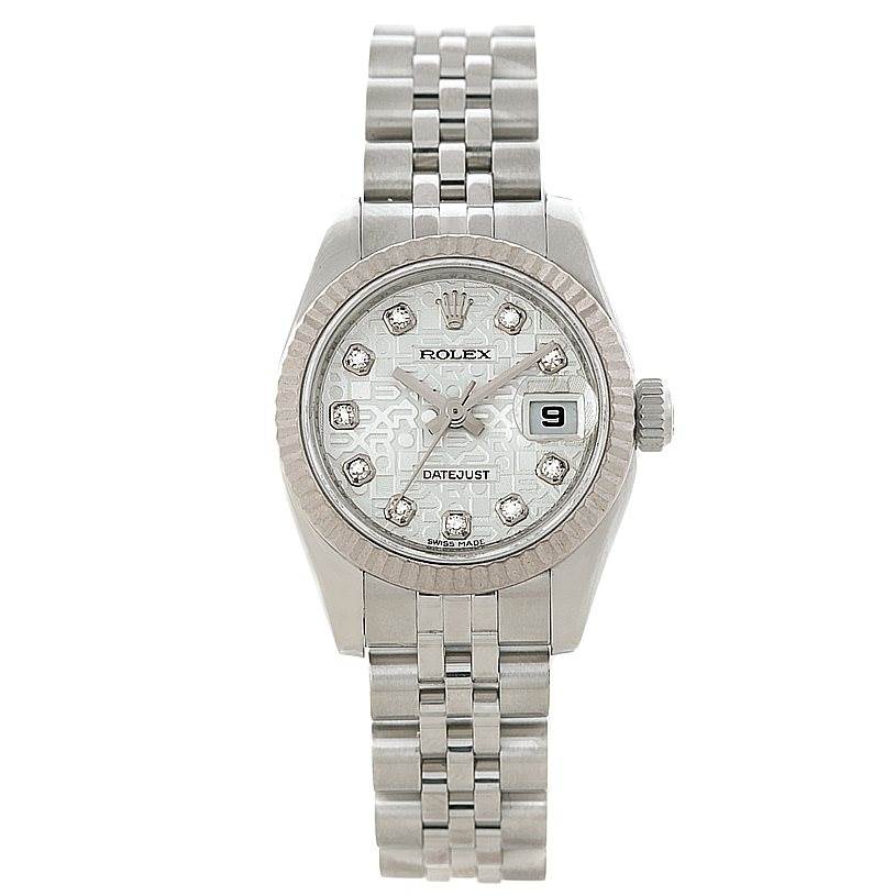 This image shows a top-down view of a Rolex Datejust 179174 Women's Stainless Steel Silver Dial 179174 Women's Stainless Steel Silver Dial watch, highlighting its silver dial, diamond hour markers, and date window.