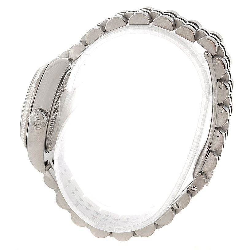 The image shows a side view of a Rolex Datejust 179174 Women's Stainless Steel Silver Dial 179174 Women's Stainless Steel Silver Dial watch, highlighting its crown and bracelet links.