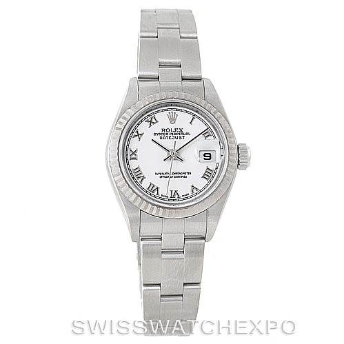 The image shows a front view of a Rolex Datejust 79174 Women's Stainless Steel White Dial 79174 Women's Stainless Steel White Dial watch displaying the dial, bezel, bracelet, and crown.