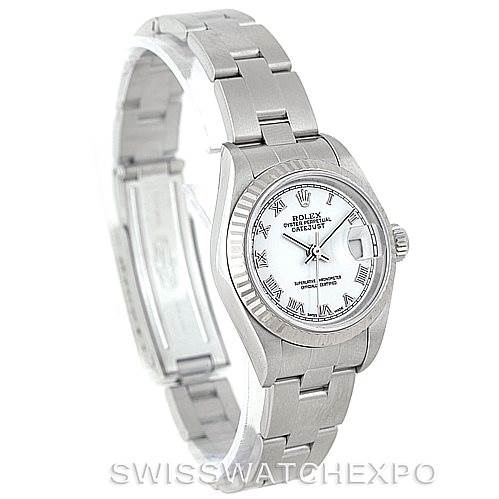 The image shows a Rolex Datejust 79174 Women's Stainless Steel White Dial 79174 Women's Stainless Steel White Dial watch at a slight angle, displaying the face, bezel, bracelet, and clasp.