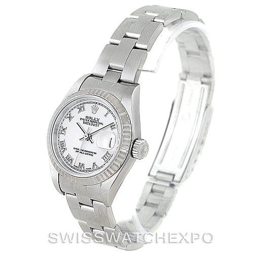 This image shows a Rolex Datejust 79174 Women's Stainless Steel White Dial 79174 Women's Stainless Steel White Dial watch from an angled side view, displaying its face, bezel, and bracelet band.