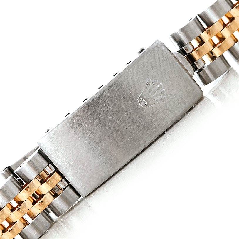 The image shows a close-up of the clasp and part of the bracelet of a Rolex Datejust 79173 Women's Stainless Steel Blue Dial 79173 Women's Stainless Steel Blue Dial watch.