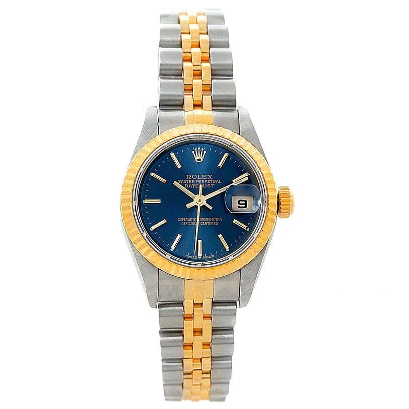This image shows a front view of a Rolex Datejust 79173 Women's Stainless Steel Blue Dial 79173 Women's Stainless Steel Blue Dial watch, highlighting the dial, bezel, and bracelet.