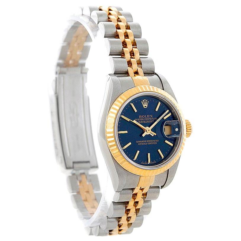 This image shows the front and side view of a Rolex Datejust 79173 Women's Stainless Steel Blue Dial 79173 Women's Stainless Steel Blue Dial watch with a blue dial and two-tone bracelet.