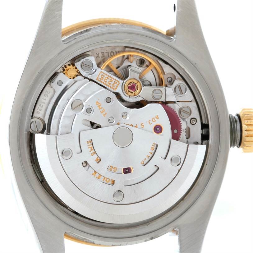 The image shows a close-up view of the Rolex Datejust 179313 Women
s Stainless Steel Beige Dial 179313 Women
s Stainless Steel Beige Dial watch
s movement from the back.