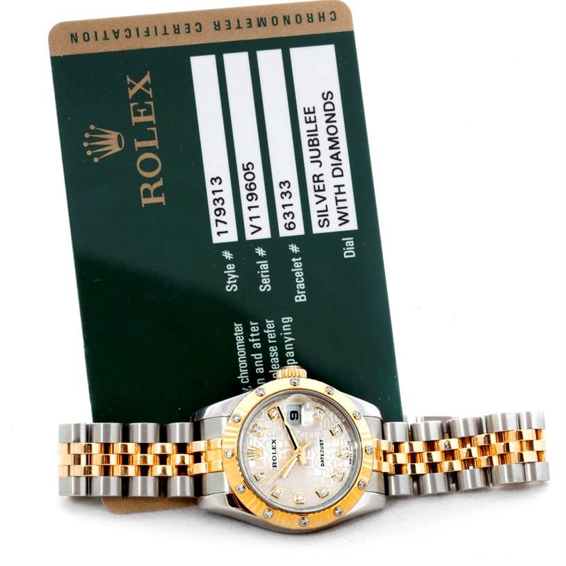 The image shows a Rolex Datejust 179313 Women
s Stainless Steel Beige Dial 179313 Women
s Stainless Steel Beige Dial watch with a two-tone bracelet and diamond dial, viewed from the front alongside its certification card.