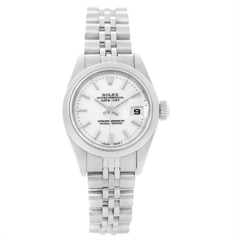 The image shows a front view of a Rolex Datejust 79160 Women's Stainless Steel White Dial 79160 Women's Stainless Steel White Dial watch, displaying its face, bezel, and bracelet.