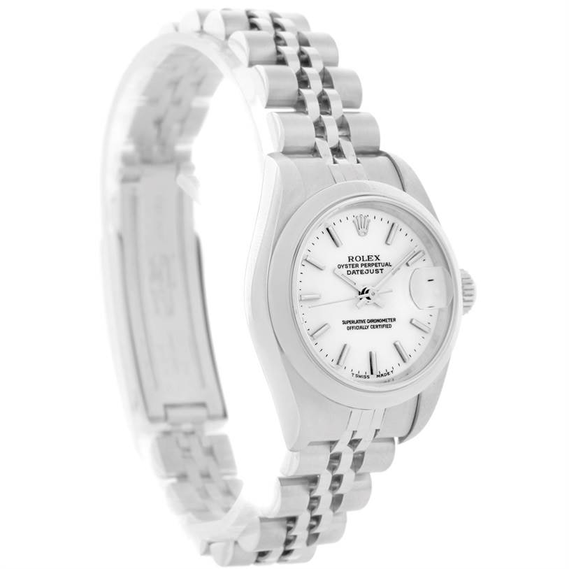 The Rolex Datejust 79160 Women's Stainless Steel White Dial 79160 Women's Stainless Steel White Dial watch is shown at a side angle, displaying the face, case, crown, and bracelet.