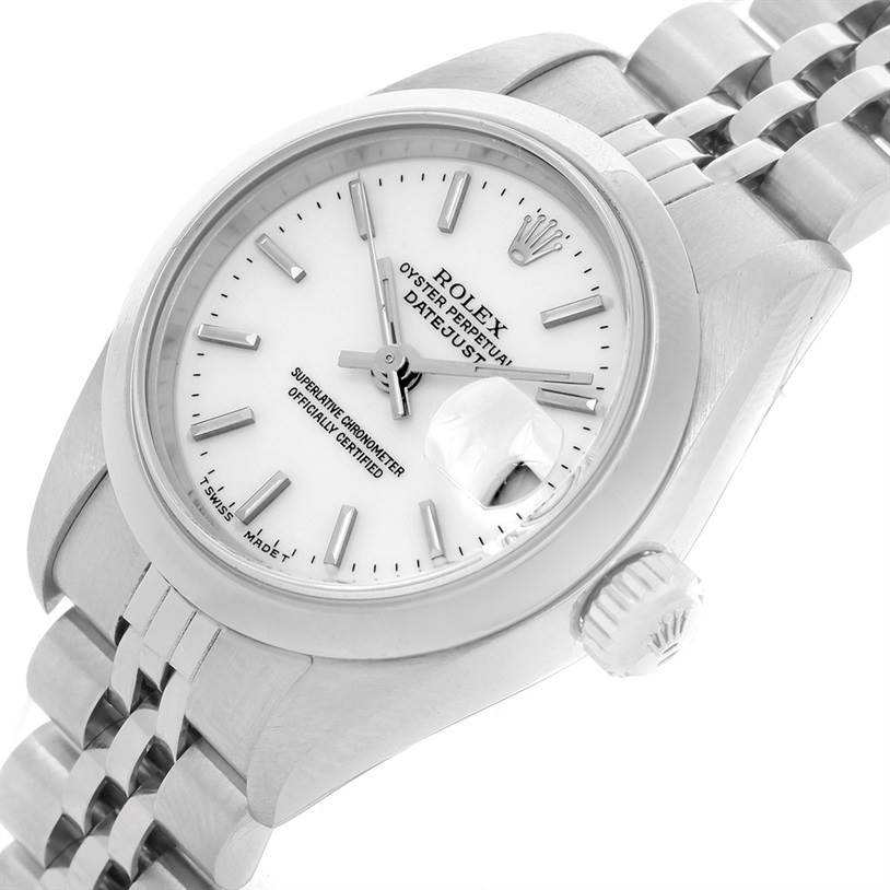 This image shows a Rolex Datejust 79160 Women's Stainless Steel White Dial 79160 Women's Stainless Steel White Dial watch angled to highlight the dial, bezel, crown, and a portion of the bracelet.