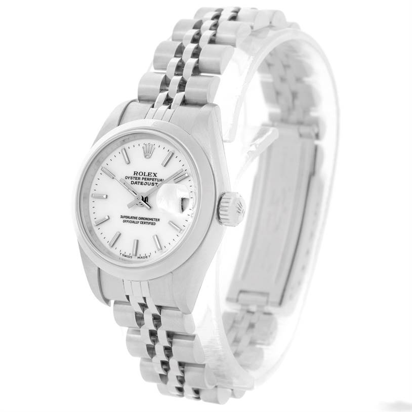 The image shows a front-left angle of a Rolex Datejust 79160 Women's Stainless Steel White Dial 79160 Women's Stainless Steel White Dial wristwatch with a silver Jubilee bracelet and white dial.
