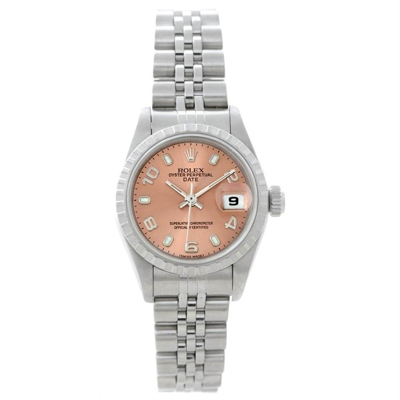The image shows a front view of a Rolex Datejust 79160 Women's Stainless Steel Silver Dial 79160 Women's Stainless Steel Silver Dial watch, highlighting the pink dial, date window, and the Jubilee bracelet.