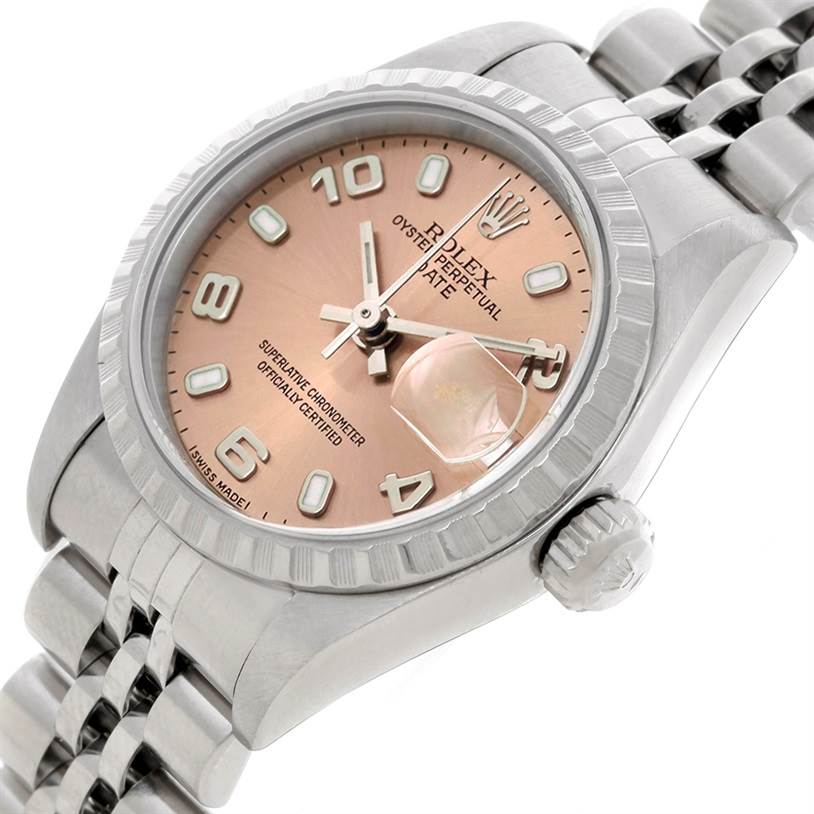 This image shows a close-up, angled view of a Rolex Datejust 79160 Women's Stainless Steel Silver Dial 79160 Women's Stainless Steel Silver Dial watch, highlighting the watch face, bezel, crown, and part of the bracelet.