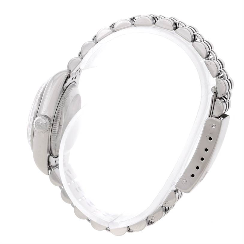 This image shows a side view of a Rolex Datejust 79160 Women's Stainless Steel Silver Dial 79160 Women's Stainless Steel Silver Dial watch, focusing on the crown, case, and bracelet.