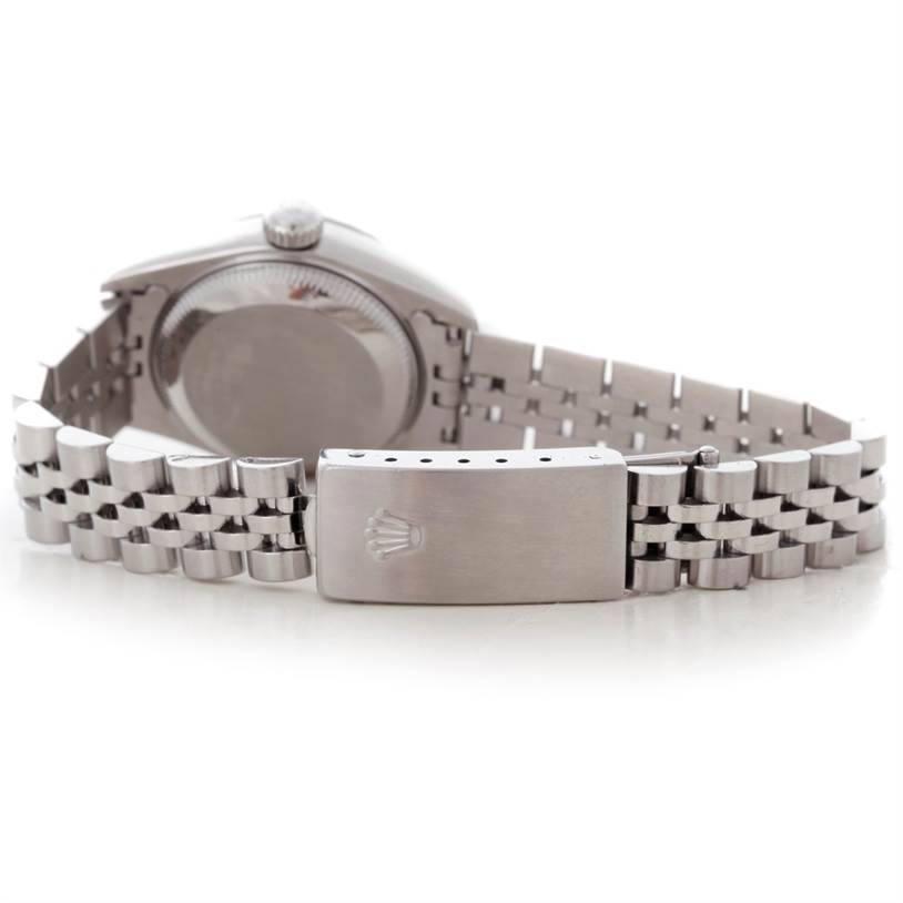 This image shows the back case and stainless steel bracelet clasp of the Rolex Datejust 79160 Women's Stainless Steel Silver Dial 79160 Women's Stainless Steel Silver Dial watch.