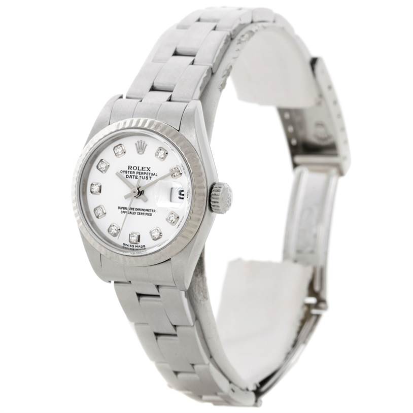 The image shows a Rolex Datejust 79174 Women's Stainless Steel White Dial 79174 Women's Stainless Steel White Dial watch at a three-quarter angle, highlighting the dial, bezel, and part of the bracelet.